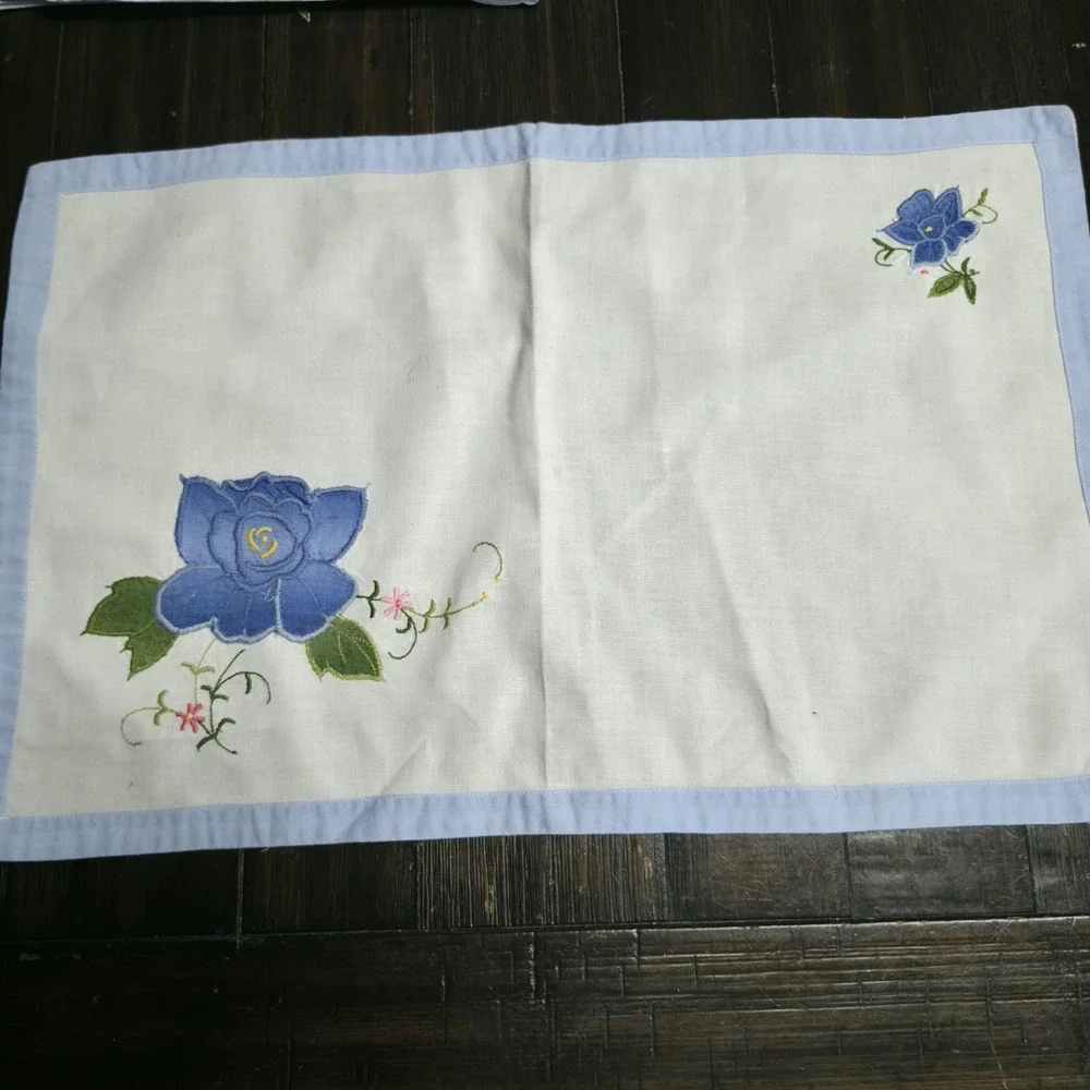 MCM Hand Embroidered Blue Rose Placemats Cotton Linen Table Linens Set of 7
